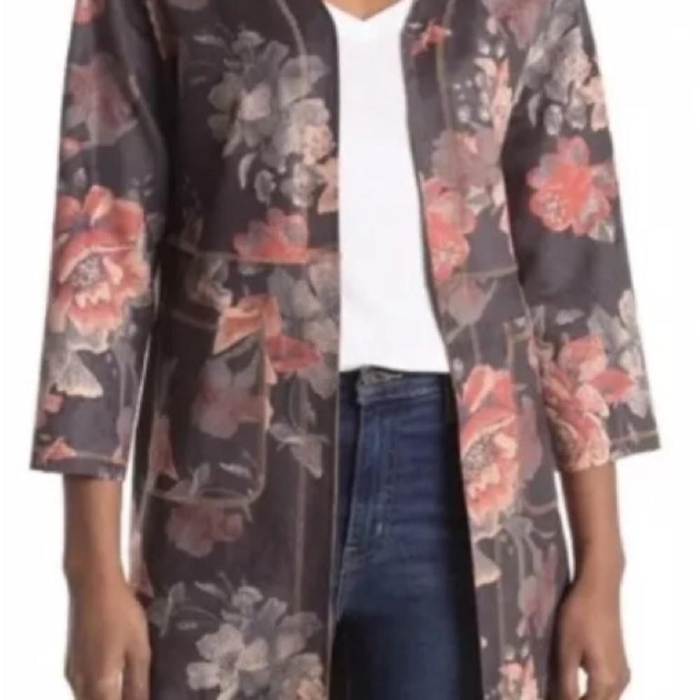 Philosophy Republic Garden Floral Open Front Faux Leather Duster Long Jacket M